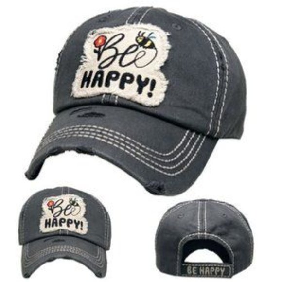 NWT Distressed Bee Happy Black Cap - Picture 4 of 4